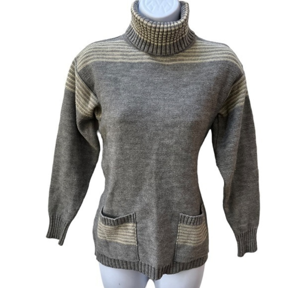 Vintage 60s Sweater Turtleneck Gray Acrylic Striped Medium Rare Knit Gorgeous
